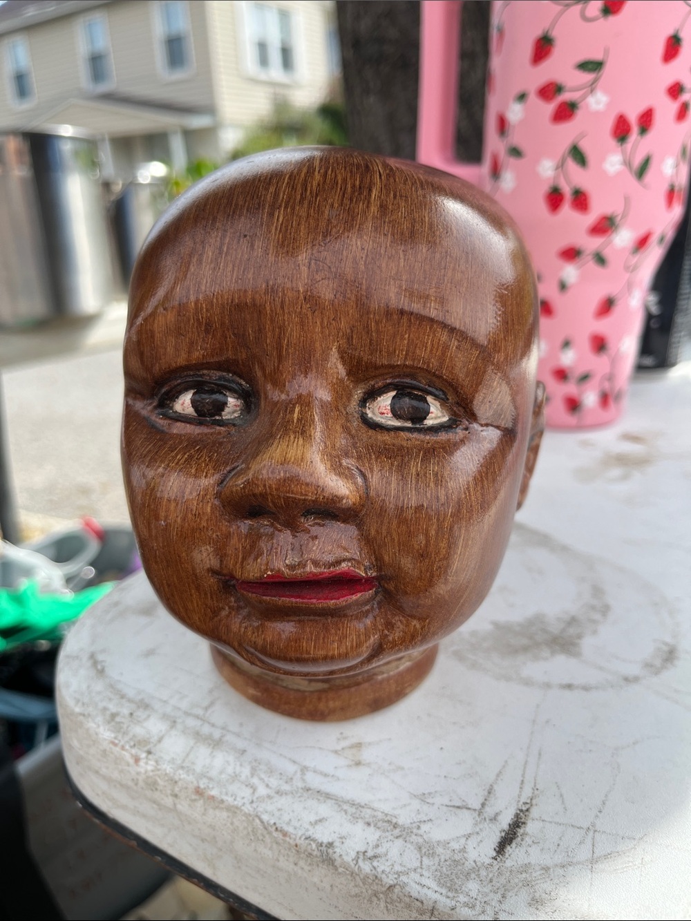 Vintage Brown Hand-Carved Wood Baby Head Decorative Accent
